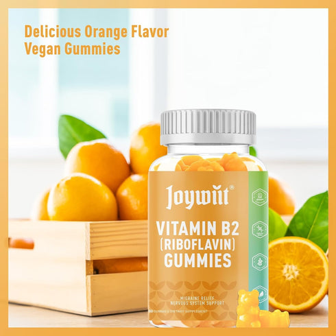 Vitamin B2 Gummies 500mg for Adults, Orange Flavor, Non-GMO, Vegan, Pectin - Migraine Relief & Nervous System Support -