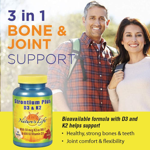 Nature's Life Strontium Plus Vitamins D3 & K2 - 60 Tablets, Bioavailable Formula May Help Support Healthy Bone Density