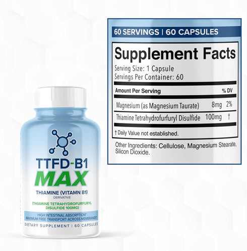 TTFD - B1 Max - Thiamine Vitamin B1 TTFD - 100mg - (Thiamine Tetrahydrofurfuryl Disulfide) Thiamine MAX, 60 Capsules by MAXLIFE NATURALS.