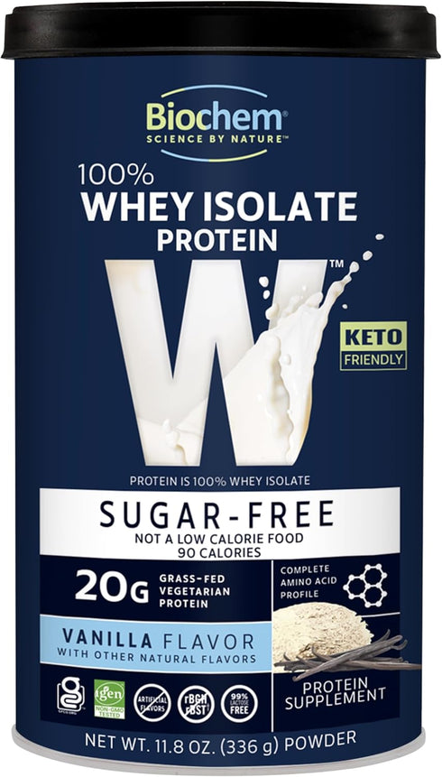 Biochem 100% Whey Sugar-Free Vanilla, 20g, 11.8oz, Certified Vegetarian, Gluten Free, Non-GMO, Keto Friendly