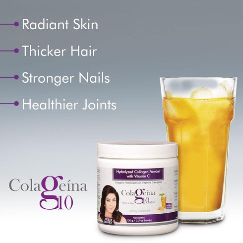 Colageina 10 Hydrolized Collagen Powder, Orange Flavor, with Vitamin C, 3.5 Oz Jar
