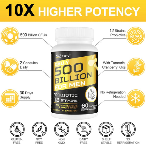 Probiotics for Men, 500 Billion CFU 12 Strains with Turmeric, Cranberry & Goji for Men’s Digestive Health, Bloating,