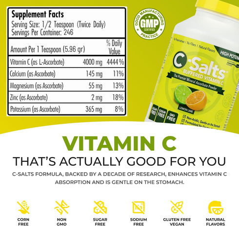 Buffered Vitamin C Powder Supplement, High Absorption Immune Support Drink, Organic, Vegan, Sugar-Free, Lemon Lime 26oz