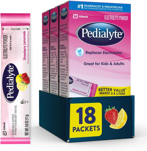 Pedialyte Electrolyte Powder Packets, Strawberry Lemonade, Hydration Drink, 18 Single-Serving Packets