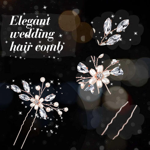 Yeshone 5 Pieces Wedding Hair Comb, Bridal Hair Pins Crystal Pearl Hair Accessories for Women (Rose Gold, Classic Style)