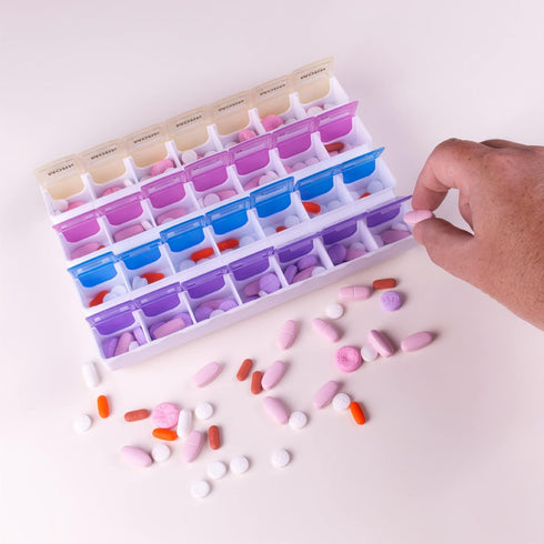 Apex 7-Day Mediplanner Pill Organizer, Weekly, 4 Times A Day, Color-Coded, Easy-Open, See-Through Lids