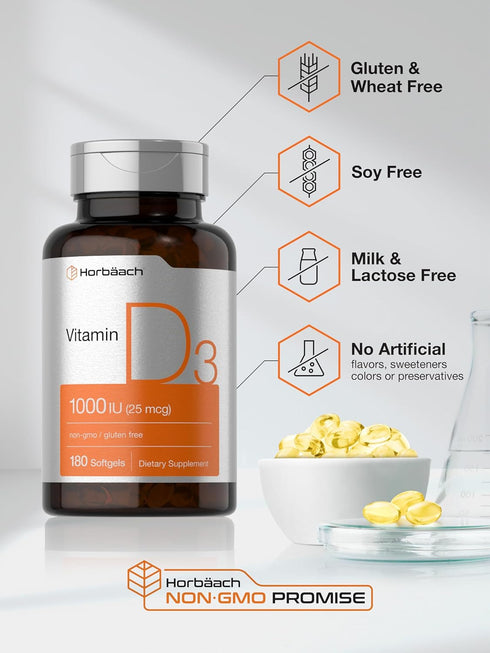 Horbaeach Vitamin D3 1000IU Softgels (25mcg) | 180 Count | Non-GMO, Gluten Free Supplement