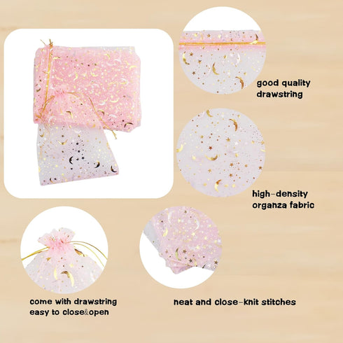QIANHAILIZZ 100 Pack 7x9 Inch Moon Star Organza Jewelry Gift Pouch, Drawstring Wedding Favor Bags, Pink