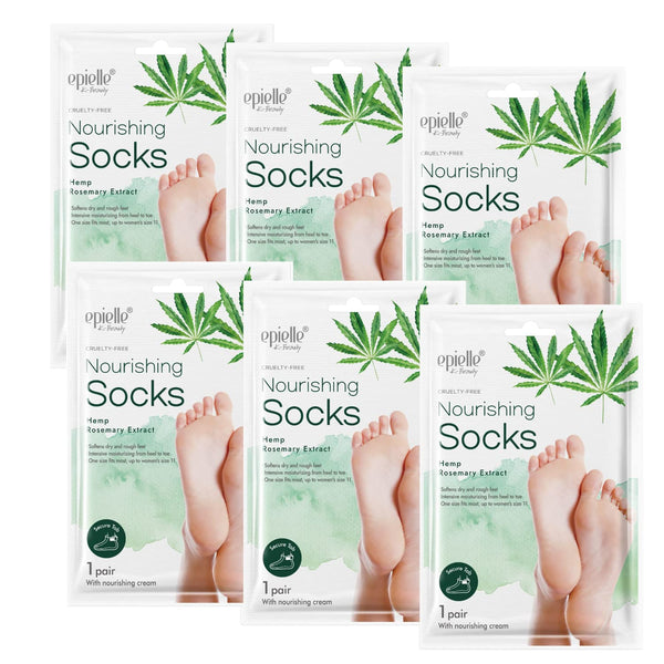 Epielle Nourishing Foot Masks - Hemp & Rosemary Extract for Deep Moisturizing, 100% Vegan & Cruelty-Free, 6 Pack Socks