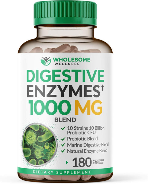 Wholesome Wellness Digestive Enzymes 1000MG Plus Prebiotics & Probiotics Supplement, 180 Capsules
