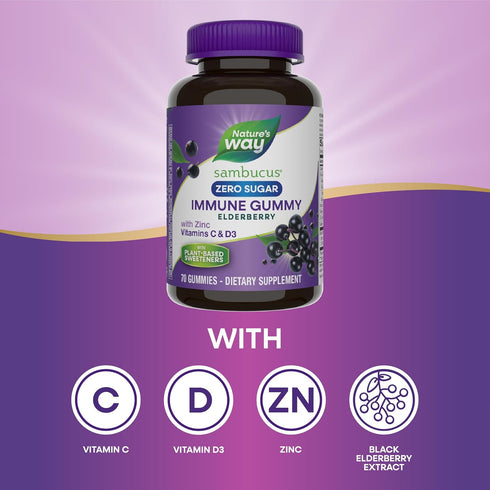 Nature’s Way Sambucus Zero Sugar Immune Gummies, 70 Gummies - Black Elderberry Extract, Vitamin C, D3, Zinc