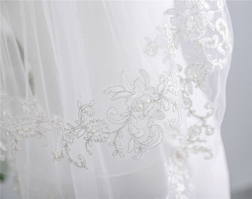 Kercisbeauty 2 Tiers Wedding Bridal Lace Double Layer Veil with Hair Comb, Flower Lace and Pearl Chapel Accessories