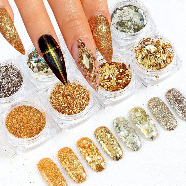 Holographic Glitter Sequins 3D Acrylic Nails Powder - Laser Dust Gold Silver Nail Art Supplies - 8 Boxes