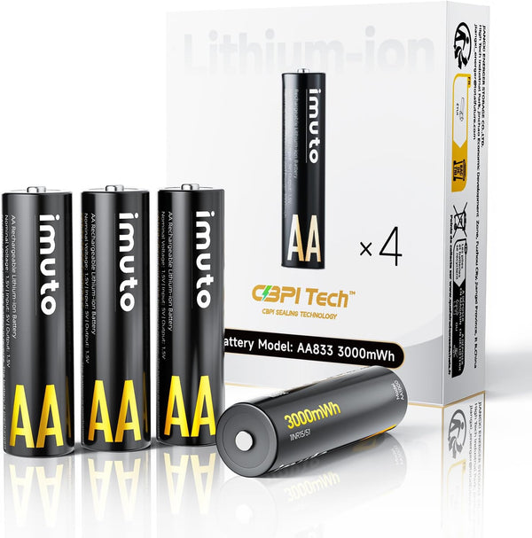 imuto Rechargeable AA Lithium Battery, 4 Pack 3000mWh High Capacity 1.5V Double A