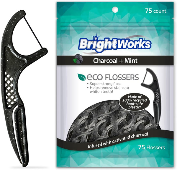 Brightworks ECO Sustainable Floss Picks, 225 Count, Charcoal + Mint Infused, 100% Post-Consumer Recycled Plastic