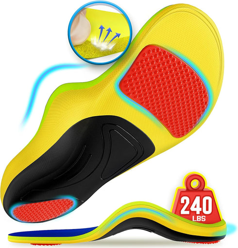 240+lbs Plantar Fasciitis Insoles - 100% Memory Foam Comfort, High Arch Support Inserts for Pain Relief, Orthotic for