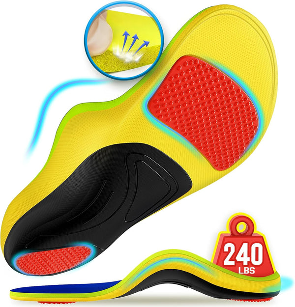 240+lbs Plantar Fasciitis Insoles - 100% Memory Foam Comfort, High Arch Support Inserts for Pain Relief, Orthotic for