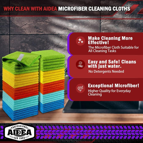 AIDEA Microfiber Cleaning Cloths-50PK, Microfiber Towels for Cars, Premium All-Purpose Car Cloth, Dusting Cloth Cleaning Rags, Absorbent Microfiber Cloth for SUVs, House, Kitchen, Window-12×12" by AIDEA