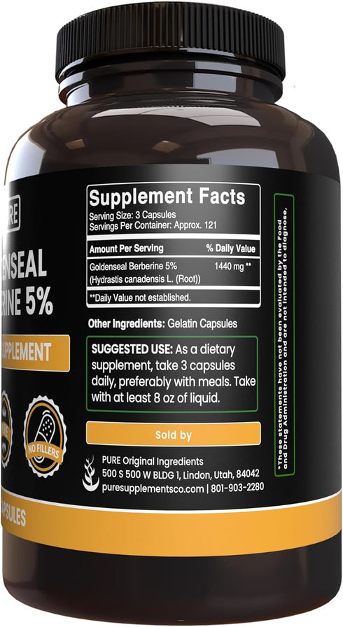 PURE ORIGINAL INGREDIENTS Goldenseal Berberine - No Magnesium or Rice Fillers, Always Pure, Lab Verified (365 Count)