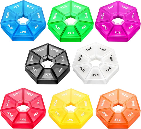 Ponpon 8pcs Pill Holder Box, 7-Sided Portable Vitamin Organizer, Medicine Planner (8 Colors)