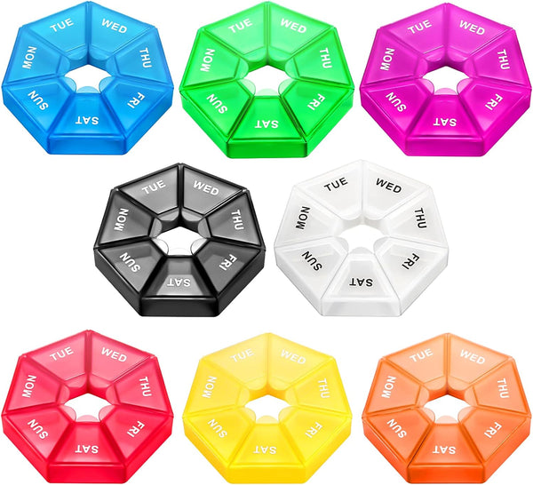 Ponpon 8pcs Pill Holder Box, 7-Sided Portable Vitamin Organizer, Medicine Planner (8 Colors)