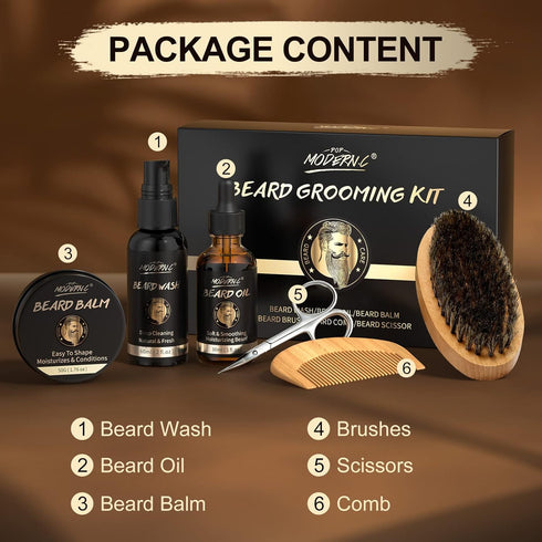 POP MODERN.C Beard Grooming Kit - 6pcs Beard Wash Shampoo, Beard Oil, Beard Balm, Comb, Brush, Scissors, Best Gift for