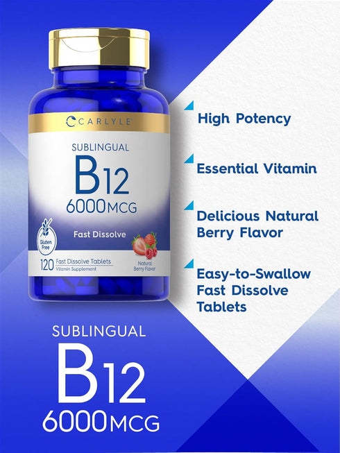 Carlyle Vitamin B-12 6000mcg | 120 Fast Dissolve Tablets | Natural Berry Flavor | Vegetarian, Non-GMO, Gluten Free