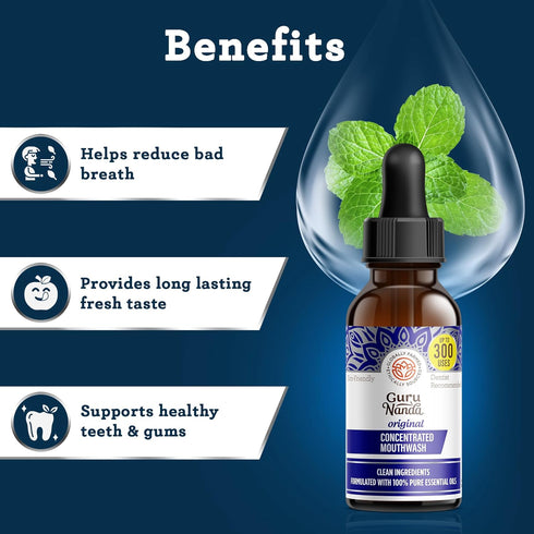GuruNanda Concentrated Mouthwash (2 fl oz), Fluoride-Free Mint Mouthwash with Natural Essential Oils, Supports 300