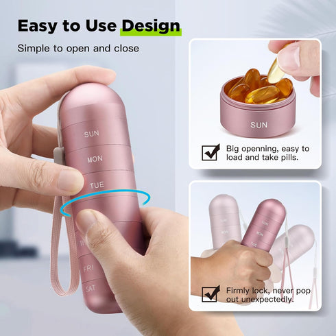 Zannaki Weekly Pill Organizer - Metal Moisture Proof, Stackable Aluminum Alloy, BPA Free, 7 Day Pill Box Case