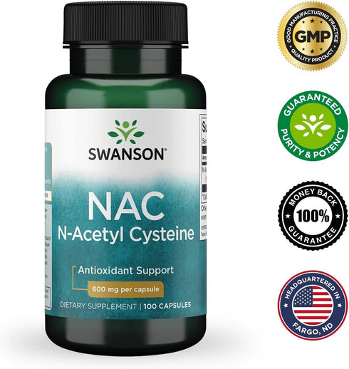 Swanson Premium Brand NAC N-Acetyl Cysteine - 600 mg, 100 Capsules, Antioxidant and Cellular Health Support Supplement