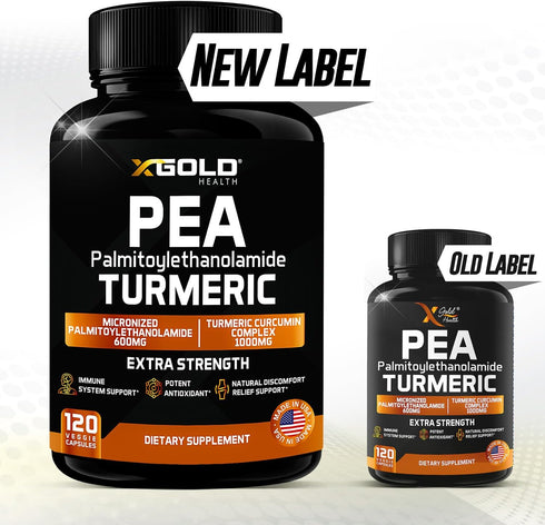 Palmitoylethanolamide 600mg + Turmeric Curcumin Complex 1000mg, Micronized Pea Supplement for Men and Women, 120 Veggie