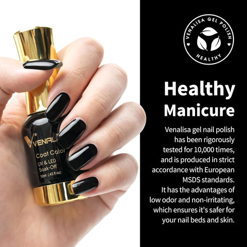 VENALISA Gel Nail Polish, 12ml Black Color Soak Off UV LED Nail Gel for Nail Art Starter Manicure Salon DIY