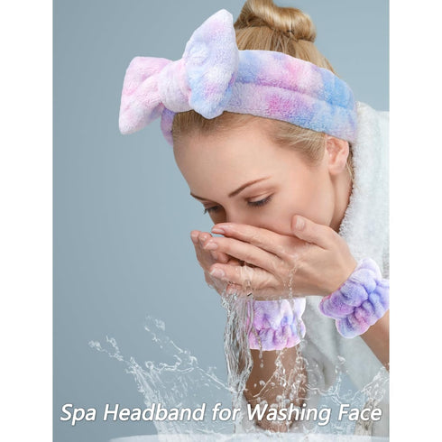 VELSCRUN 6 Pack Spa Headband, Makeup Headband, Face Wash Headband, Skincare Headbands, Multicolour Purple Sponge Hair Band Bow Tie Spa Headband for Washing Face Wristband Set Women Hair Accessories