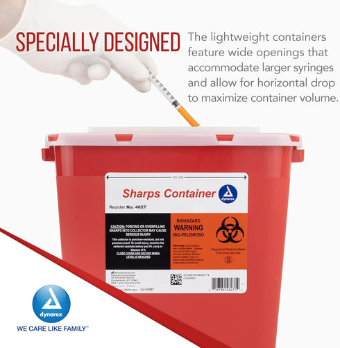 Dynarex Sharps Container, Safe Disposal of Medical Waste and Needles, 2 Gallons, Red with Transparent Lid