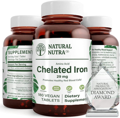 Natural Nutra Chelated Iron Supplement for Men & Women, 180 Tablets for Optimal Absorption, Hair & Skin Health