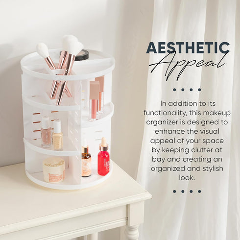 Masirs 360 Rotating Makeup Organizer, Adjustable Shelf Height, White Cosmetic Organizer for Bedroom Dresser or Vanity