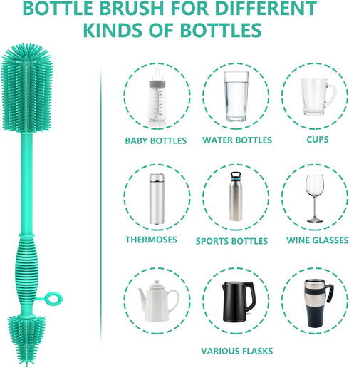 Double Sided Cleaning Brush, Soft Kitchen Scrub Brush, Reusable Silicone Bottle Cleaning Brush with Long Handle