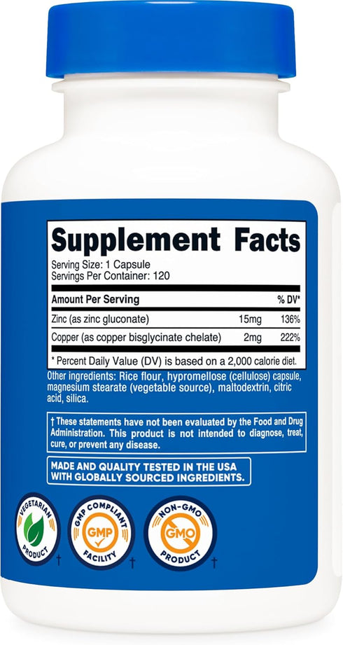 Nutricost Zinc + Copper Capsules, 120 Servings, 15MG Zinc + 2MG Copper Per Serving, Non-GMO, Vegetarian