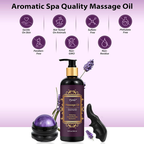 Aromatherapy Lavender Massage Oil with Roller Ball & Thumb Saver Massager, Calming Spa Massage Oil, 10 Fl Oz