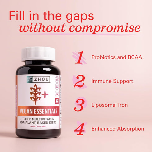 Zhou Vegan Essentials Multivitamin Supplement - B Vitamins, Vitamin C, Zinc, Iodine, Liposomal Iron - 60 Veg Caps