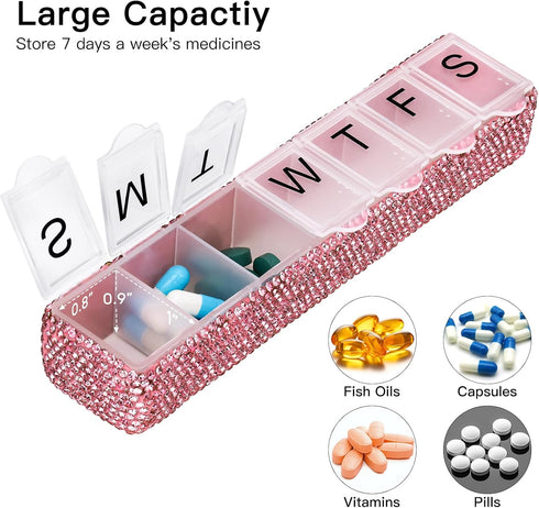 Soleebee 7 Portable Weekly Day Pill Organizer, Bling Crystal Pill Box Case, Travel Pill Planner, Pill Dispenser