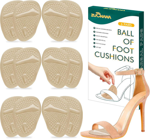 Ball of Foot Cushions (Beige) | Metatarsal Pads for Women, 6 Pairs Reusable Shoe Inserts for Pain Relief