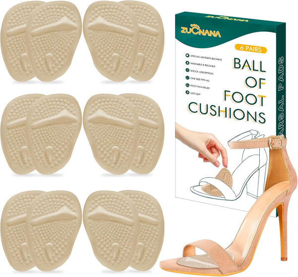 Ball of Foot Cushions (Beige) | Metatarsal Pads for Women, 6 Pairs Reusable Shoe Inserts for Pain Relief
