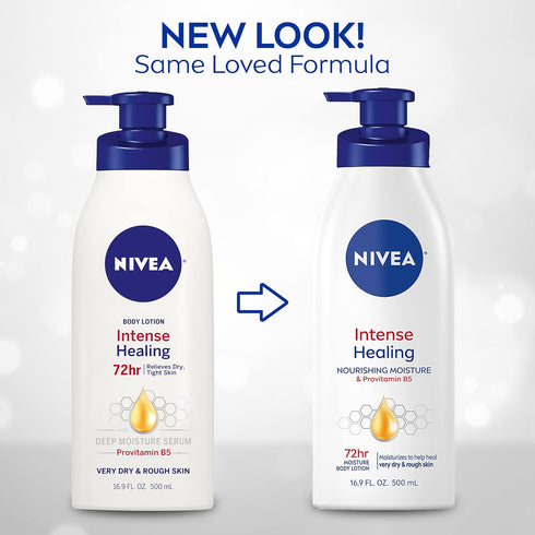 NIVEA Intense Healing Body Lotion for Dry Skin, 72-Hour Moisturizing Lotion with Deep Nourishing Serum and Provitamin B5, 16.9 Fl Oz Pump Bottle