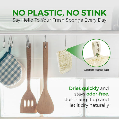 Pack 6 AIRNEX Natural Loofah Sponges for Dishes - of Plastic Free Loofah Kitchen Sponges with Cellulose Core & Cotton