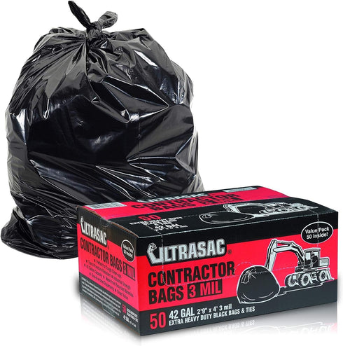 Ultrasac Heavy Duty Contractor Bags (VALUE 50 PACK/w TIES), 42 Gallon, 3 MIL Thick Large Black Garbage Trashbags