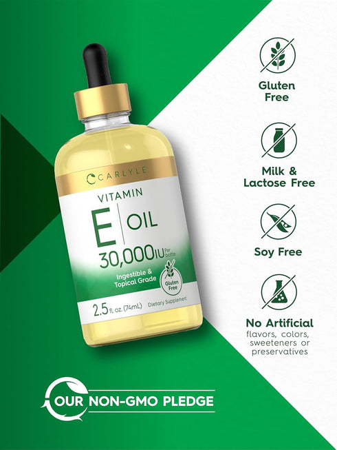 Carlyle Vitamin E Oil 30,000 IU, 2.5 fl oz, Moisturizing for Skin, Ingestible & Topical Grade, Non-GMO