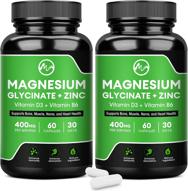 (2 Pack) Magnesium Glycinate Capsules - 400mg with Zinc, Vitamin D3 & B6, 120 Vegan Capsules for Support