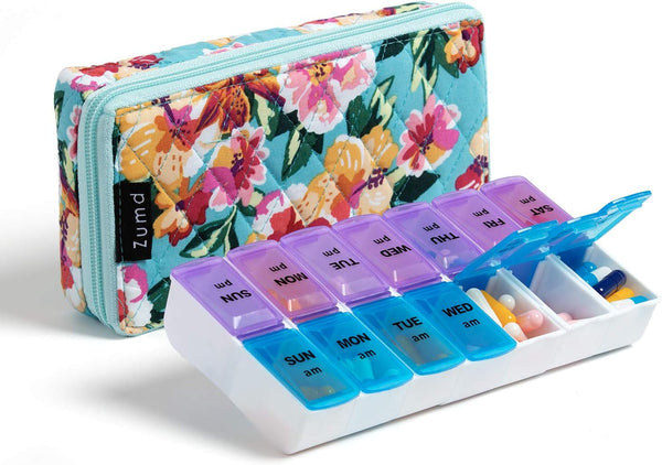 Zumd Weekly Pill Organizer, 7 Day Pill Box with Cute Quilted Fabric Zipper Case, Travel AM PM Vitamin Organizer