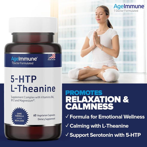 5-HTP Formula for Stress Relief - Relaxation Support for Teens and Adults with 5-HTP, L-Theanine, Vitamin B6, 60